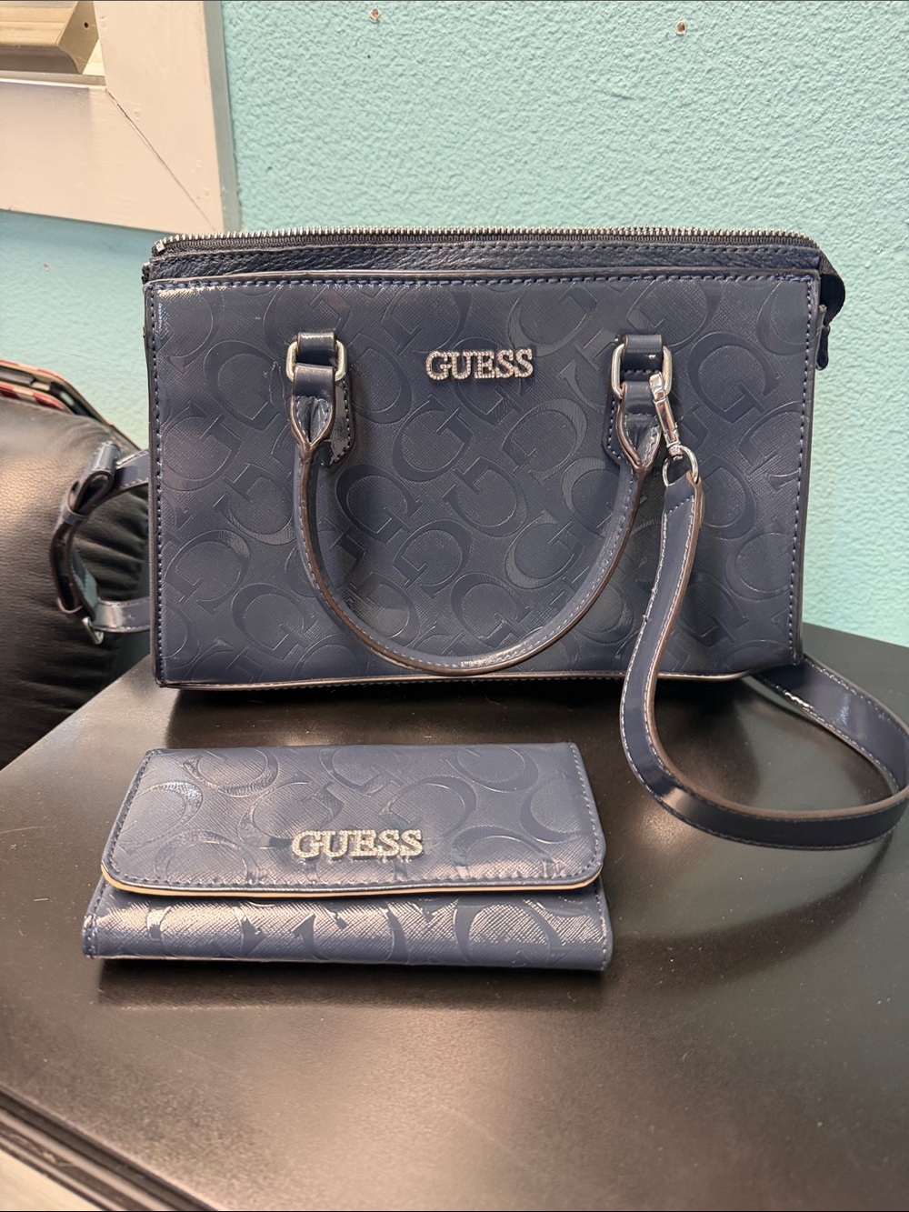 GUESS Navy Embossed Signature Satchel with Matching Wallet
